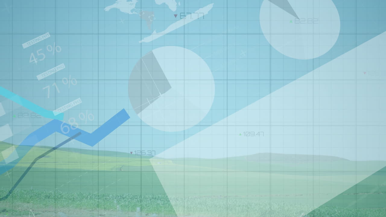 data visualization overlay being animated in scene, with translucent grid, pie charts, line graphs