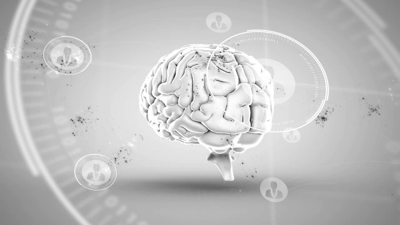 색 배경에 있는 사용자 아이콘 위에 회전하는 뇌의 애니메이션