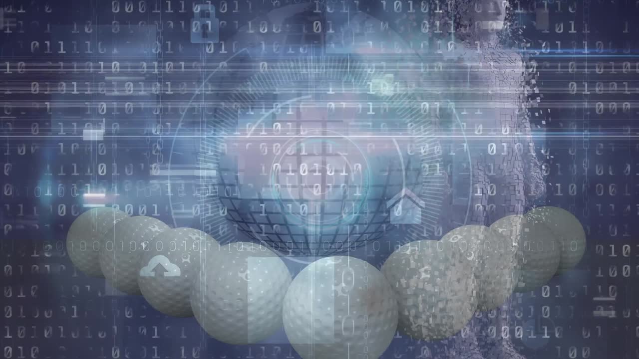 골프 공, 바이너리 코딩 및 파란색 배경에 대한 둥근 스캐너에 대한 장애 효과의 애니메이션