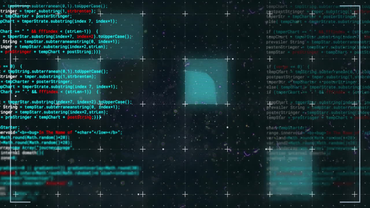 Animation of data processing and flashing lights over grid on black background