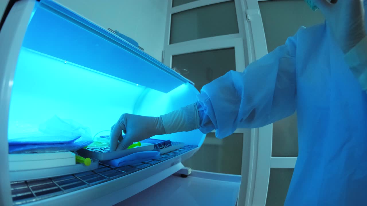 Sterilizing medical instruments in autoclave. Assistant's hands get out sterilizing medical instruments from autoclave. Fisheye. Sterile tools