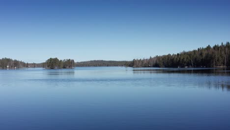 drone shot flying close to surface of swedish lake during daytime with pineforest in background