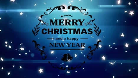 Textbanner-Für-Frohe-Weihnachten-Und-Ein-Glückliches-Neues-Jahr-Vor-Leuchtenden-Sternen,-Die-Auf-Blauem-Hintergrund-Schweben