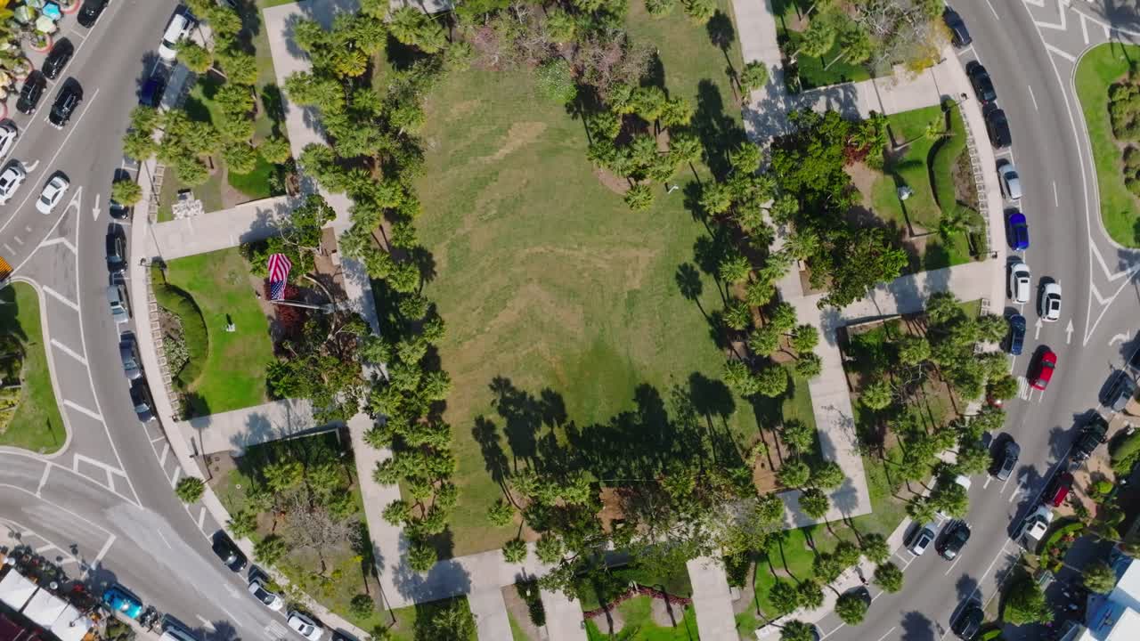 Overhead view of city center in Florida with American flag waving