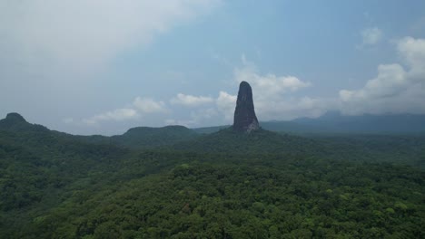 aerial circular view from pico cão grande,is an elevation of volcanic origin with a pronouncedly sharp shape, located in são tomé and príncipe, more precisely in the south of the island.africa