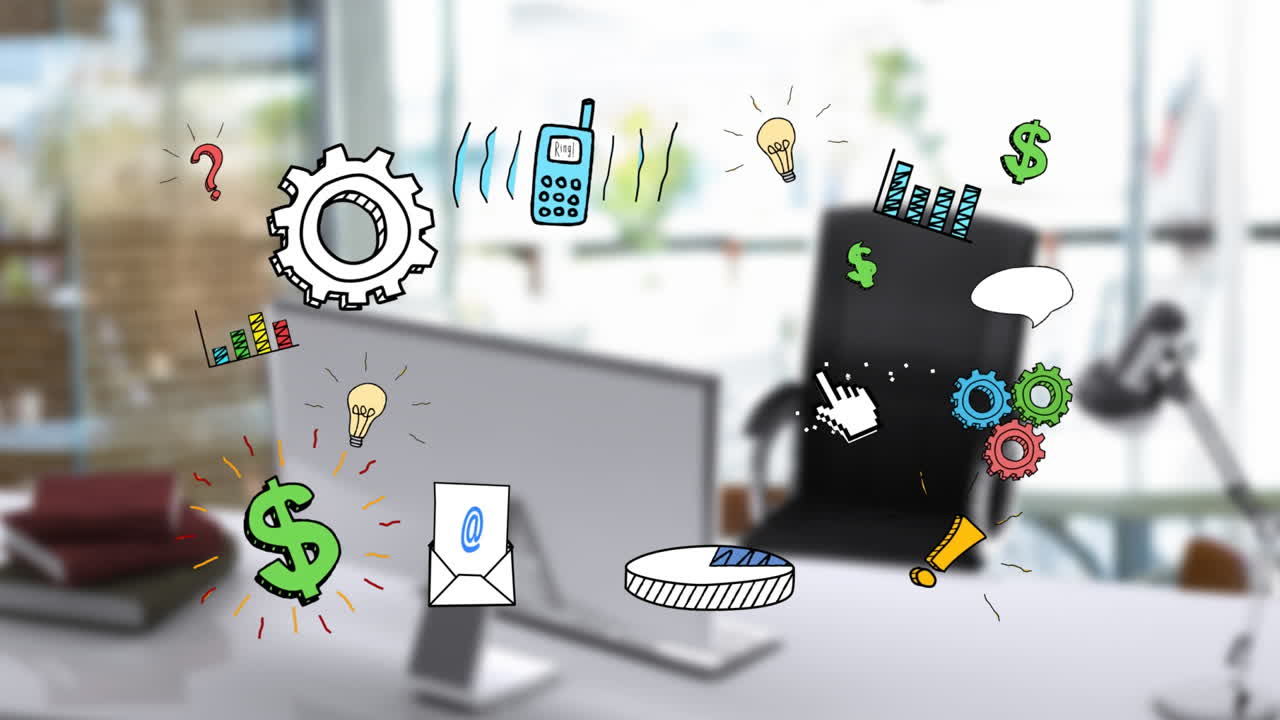 다른 아이콘과 사무실의 배경