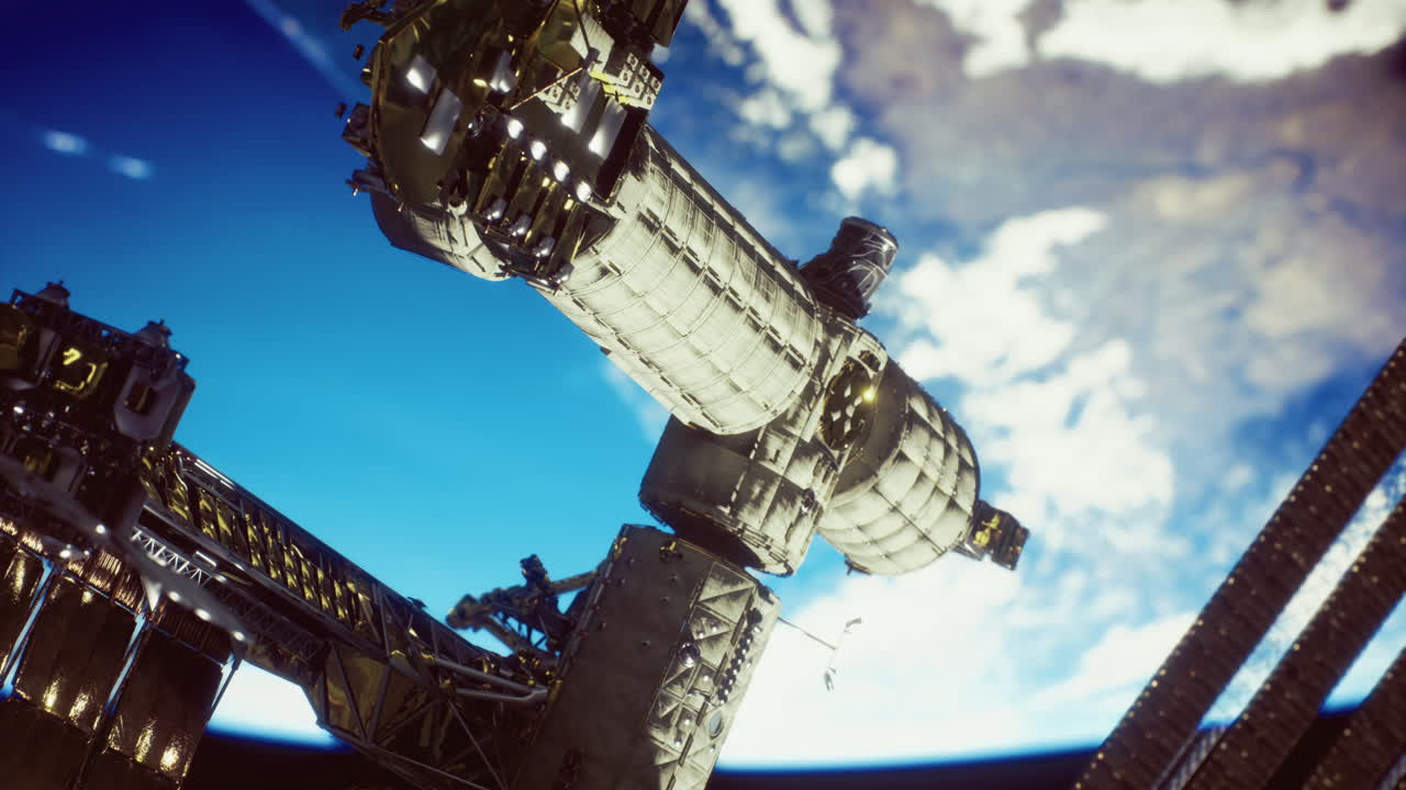 Space station structure orbiting earth under a clear blue sky