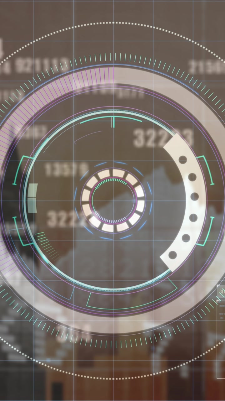 Animation of financial data, graphs and processing circle over cityscape