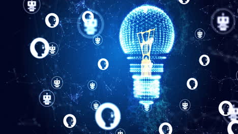 Animation of light bulb spinning with network of connections on blue background