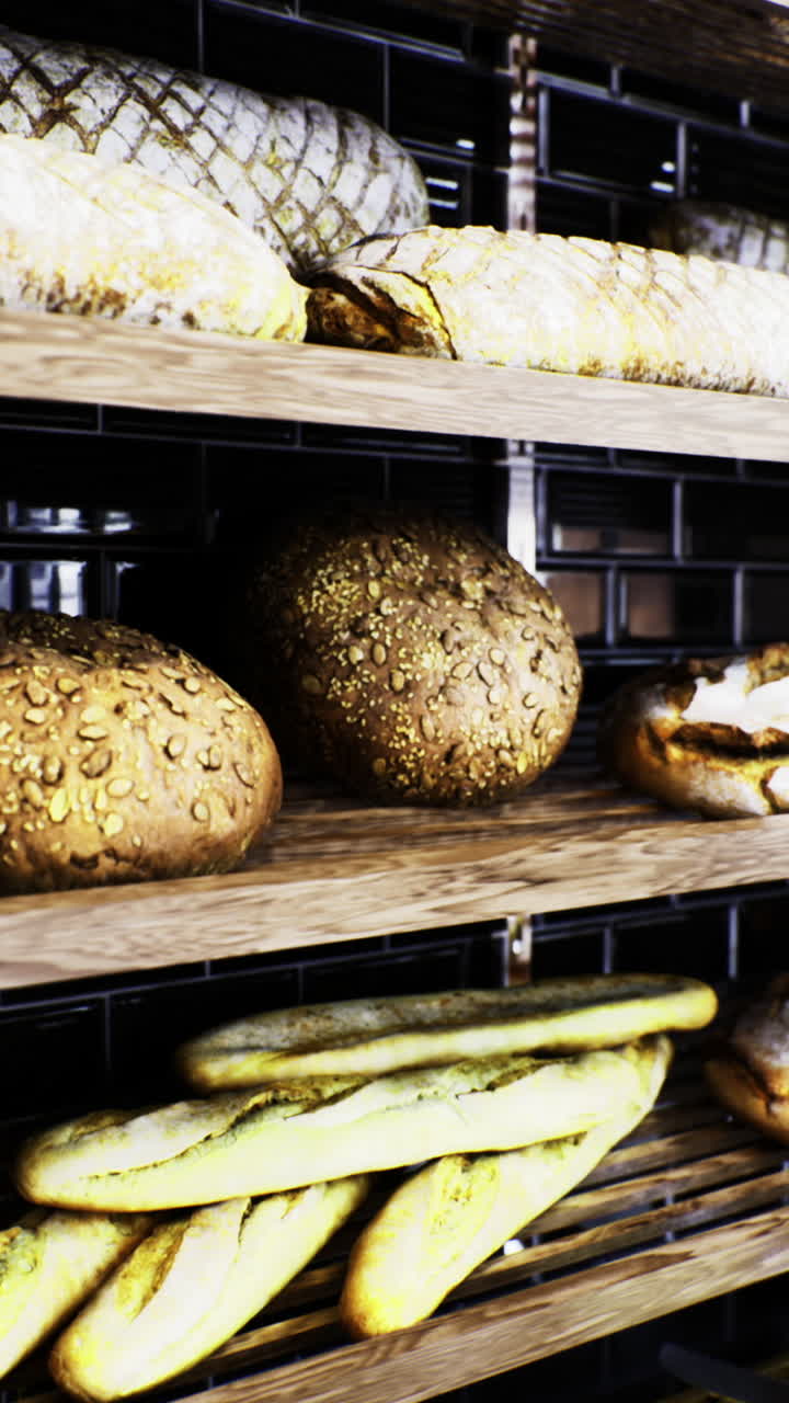 Freshly baked bread displayed on wooden shelves in a bakery
