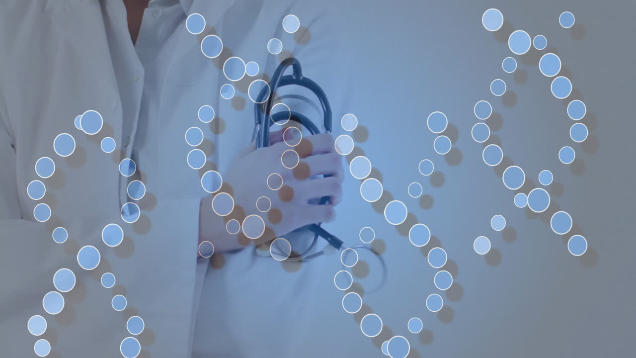 스테토스코프를 들고, dna 스트랜드 애니메이션을 가진 의료 전문가