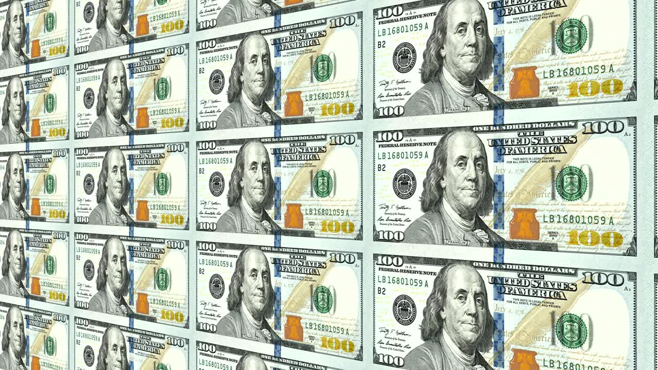 새로운 100 달러 지폐는 멀리 3d 관점에서 루프로 표시됩니다.