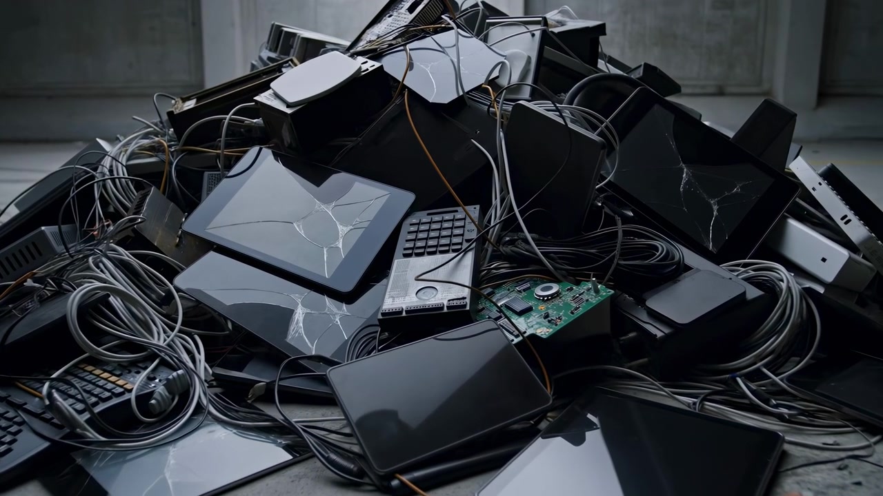 Pile Broken Electronics Tangled Cables Cracked Screens In Dim Industrial Warehouse Stacked Laptops Tablets