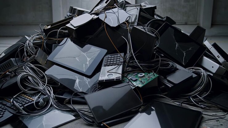 Stapel kaputter Elektronik, verhedderte Kabel, gerissene Bildschirme in einem dämmrigen Industrielager, gestapelte Laptops und Tablets.