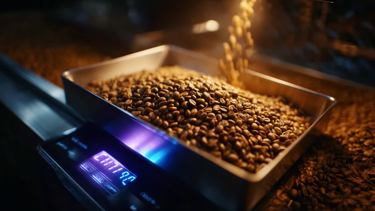 Precision in Coffee Roasting: Weighing Freshly Roasted Beans for Perfect Flavor and Quality in the Art of Coffee Crafting and Brewing in a Coffee Shop Environment