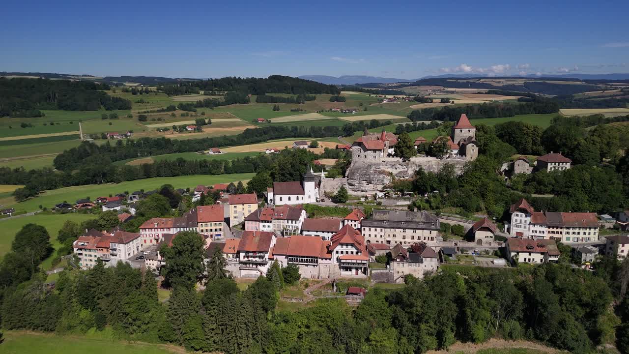 Switzerland rural medieval town Rue, aerial drone landscape Europe picturesque view