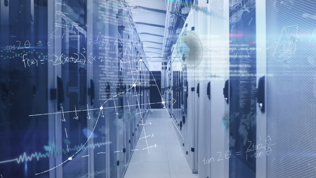 스의 애니메이션, 수학적 방정식 및 컴퓨터 서버를 통해 데이터 처리.