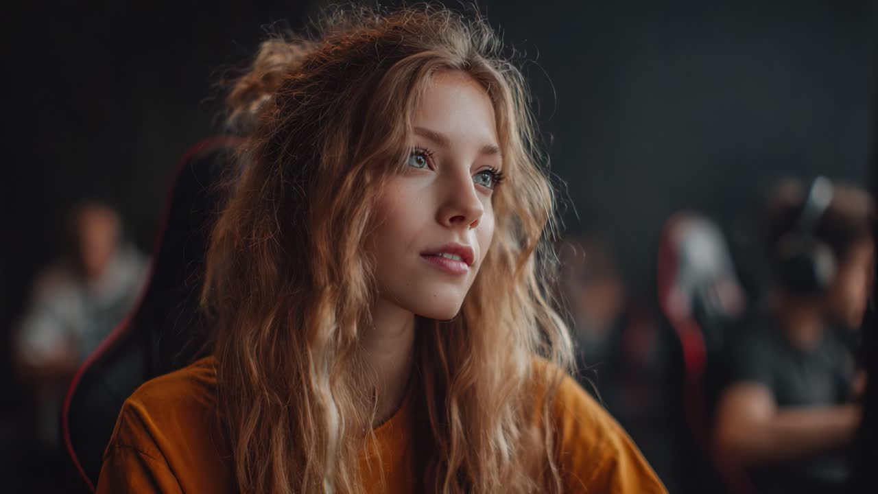 A Focused Female Gamer Engrossed in Gameplay: Captivating Expression and Intense Concentration in a Competitive Environment