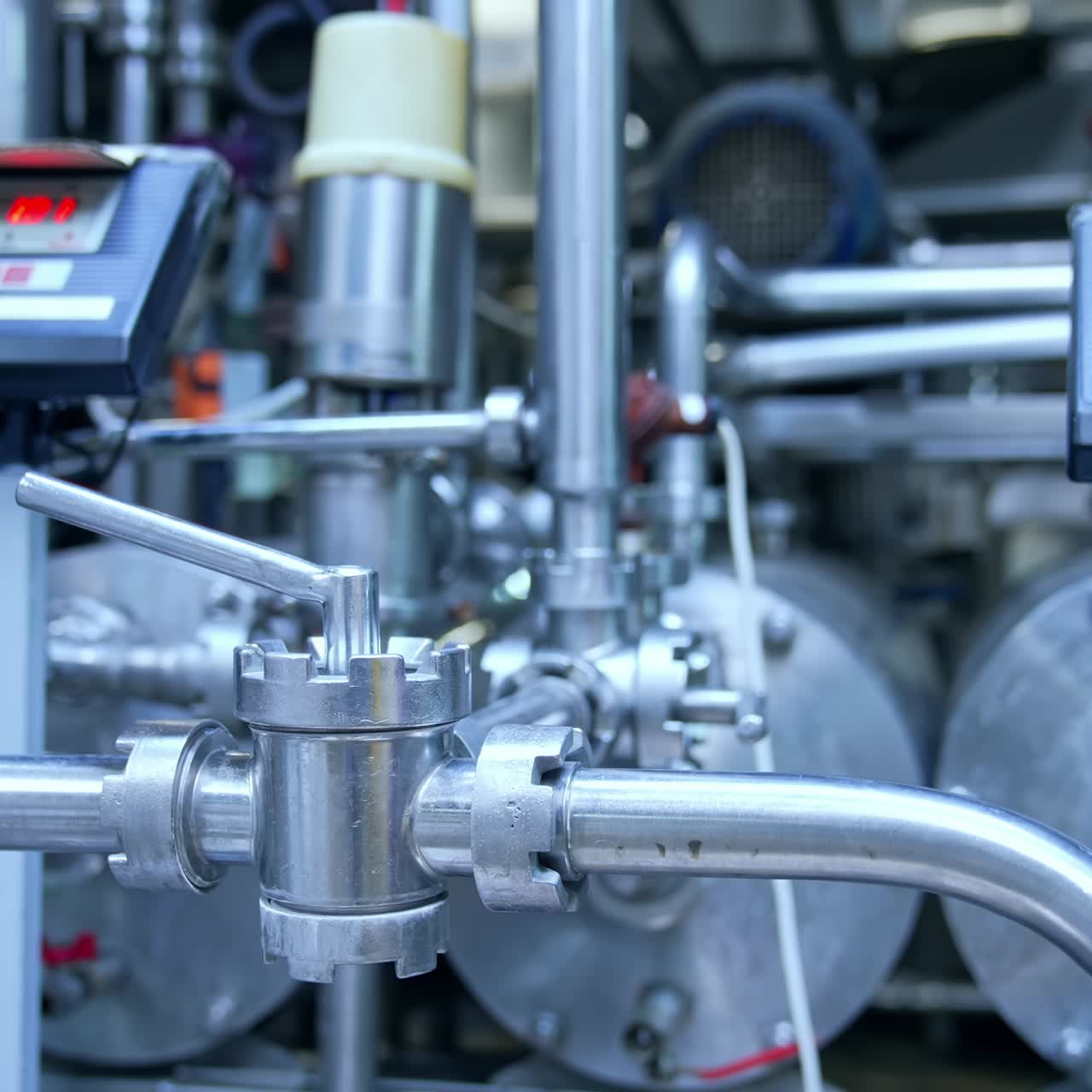 Dairy factory with milk pasteurization tank and pipes. Motion camera view