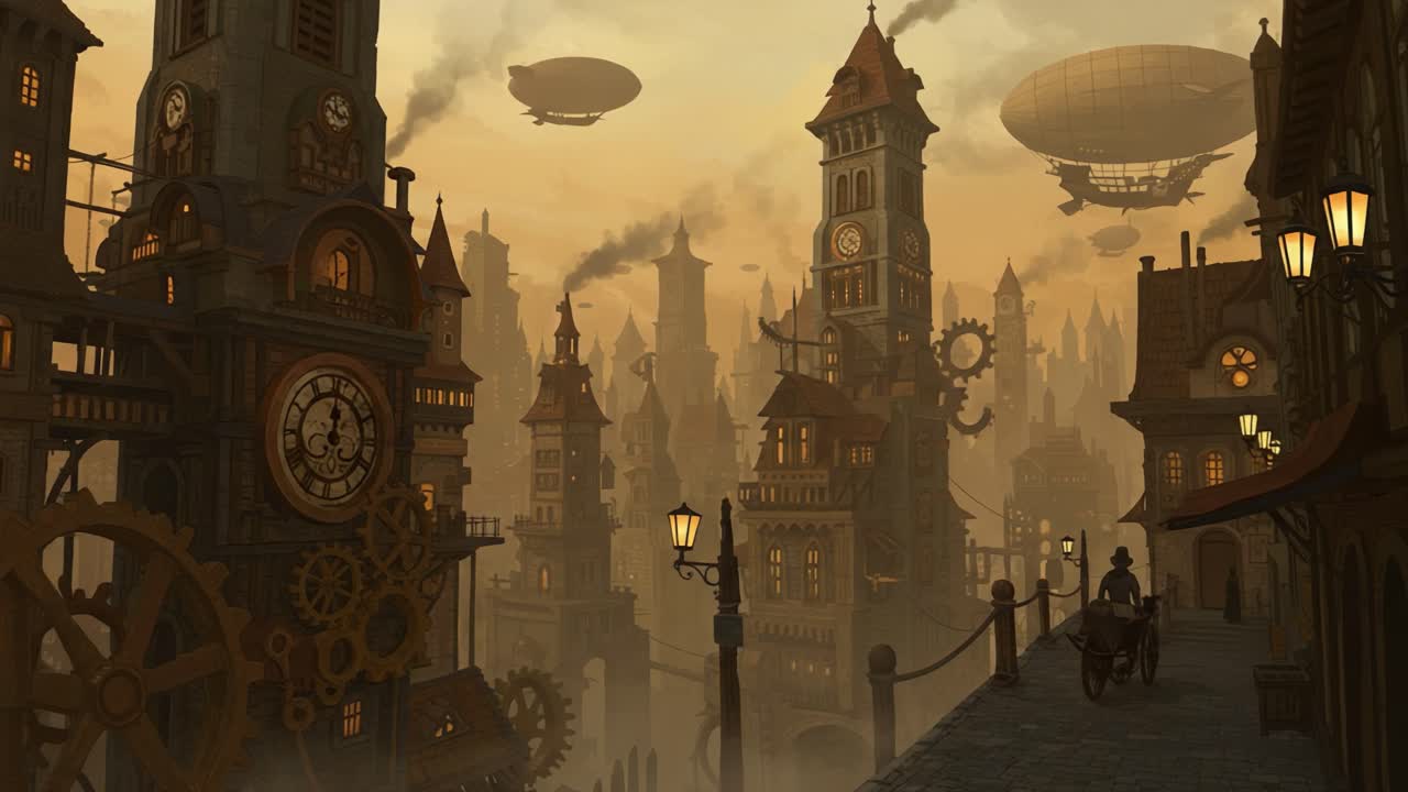 A Stunning Steampunk Cityscape at Dusk, Featuring Intricate Clock Towers, Airships in the Sky, and a Romantic Pathway Illuminated by Vintage Streetlights