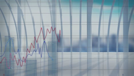 Animation-of-statistical-data-processing-against-view-of-cityscape-from-office-window