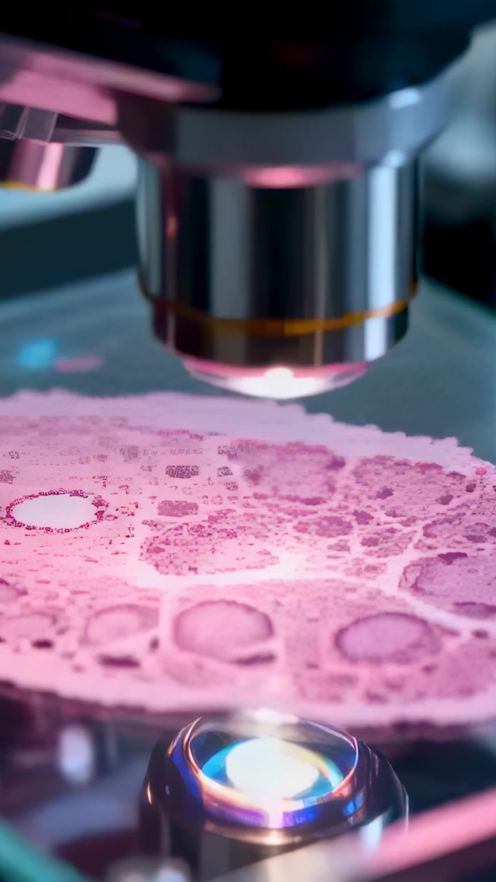 Vertical video: Focusing objective lowering onto stained tissue on slide to show cell detail in lab