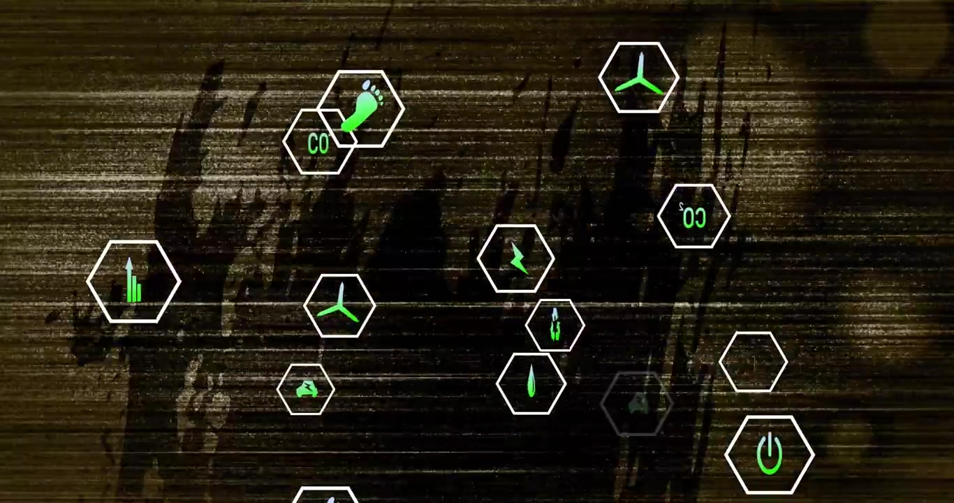 Playhead moving, hex badges drifting over gold backdrop with dark smear, highlighting energy icons