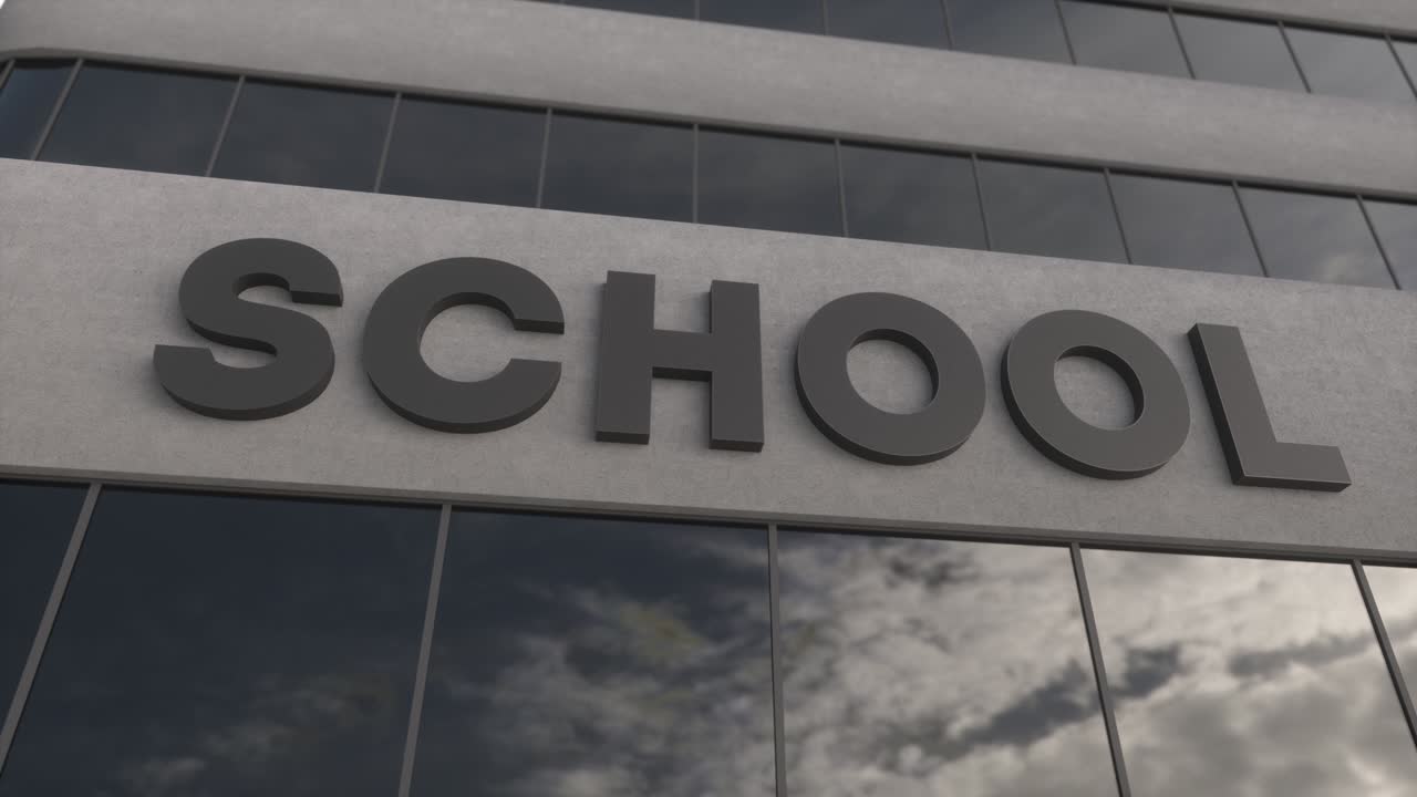 현대적인 마천루에 있는 학교 표지판, 아카데미 연구 건물