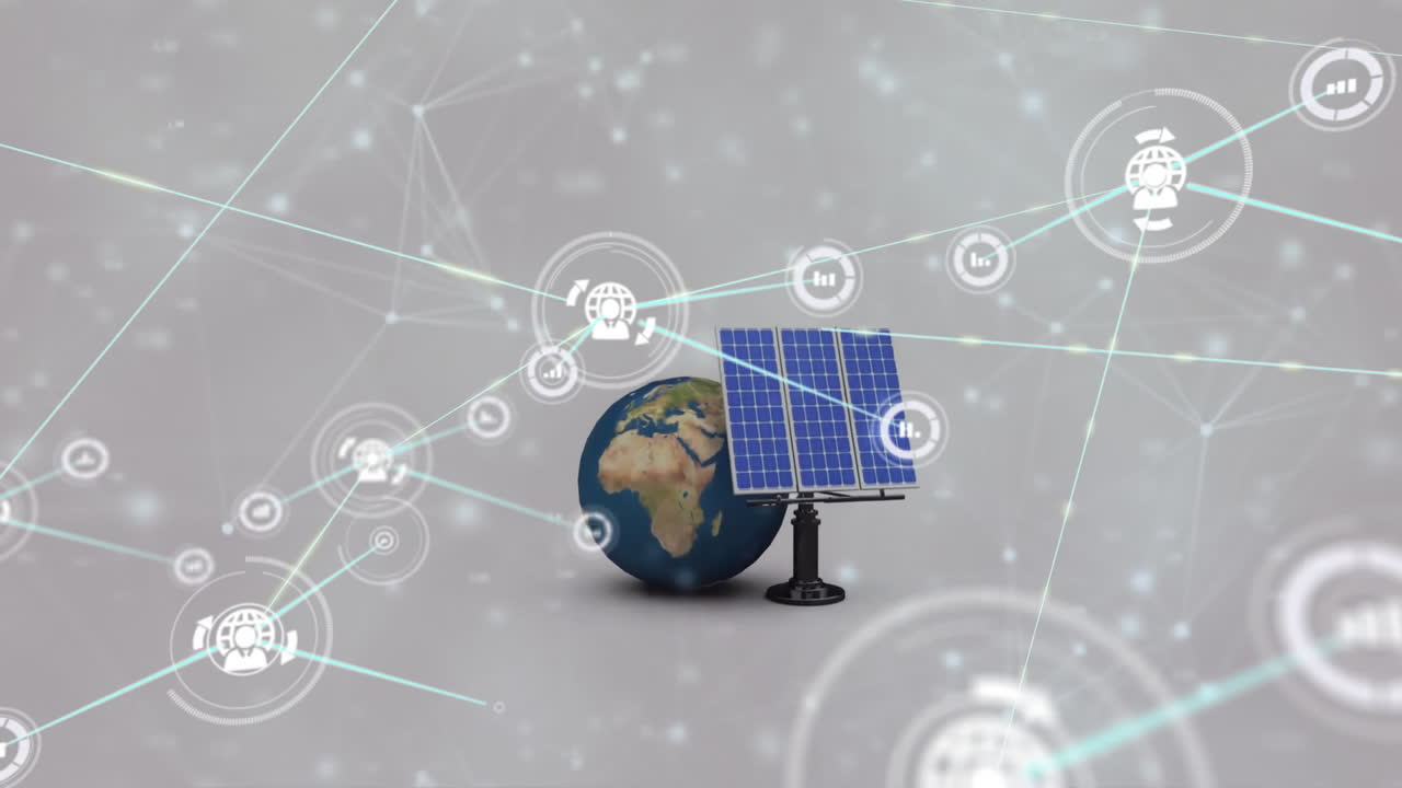 animación de la red de iconos de medios y redes de comunicación en todo el mundo y panel solar