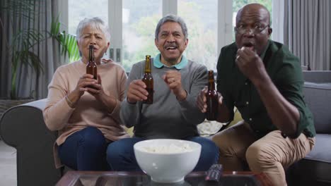 happy mixed race senior couple and african american friend drinking beer and having fun