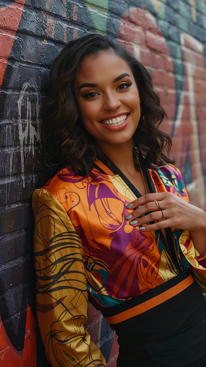 Vertical video: Opening showing woman in silk leaning on graffiti, touching ring, copy space