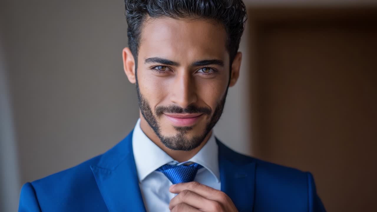 A Confident Young Man in a Tailored Blue Suit Exudes Charisma and Style, Transitioning from a Serious Expression to a Warm Smile, Capturing Variations of Masculinity and Elegance in Two Stunning Frames