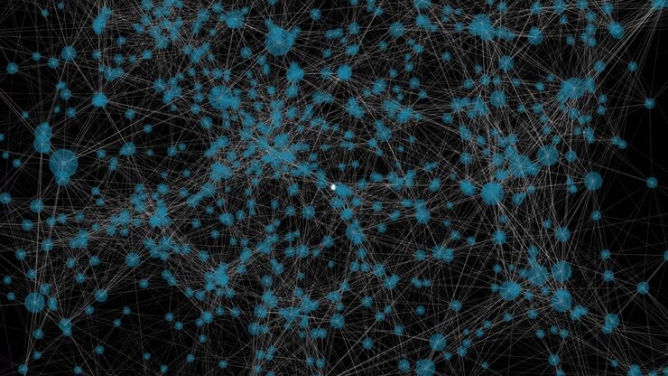 Animazione di una rete di connessioni con icone su sfondo nero.