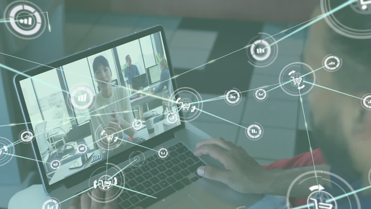 노트북에서 비디오 통화를 하는 두 인종의 남성의 뒷면을 배경으로 디지털 아이콘 네트워크의 애니메이션