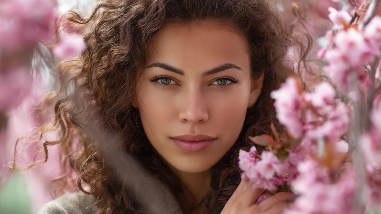Uno splendido ritratto di una giovane donna circondata da ciliegi in fiore, che mette in risalto la sua bellezza naturale e l'espressione serena in un'incantevole cornice floreale.