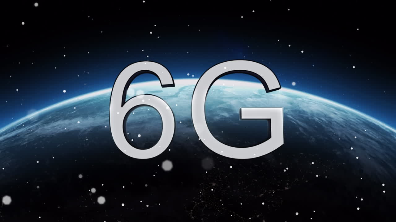 animación de 6g sobre puntos blancos y globo en el espacio