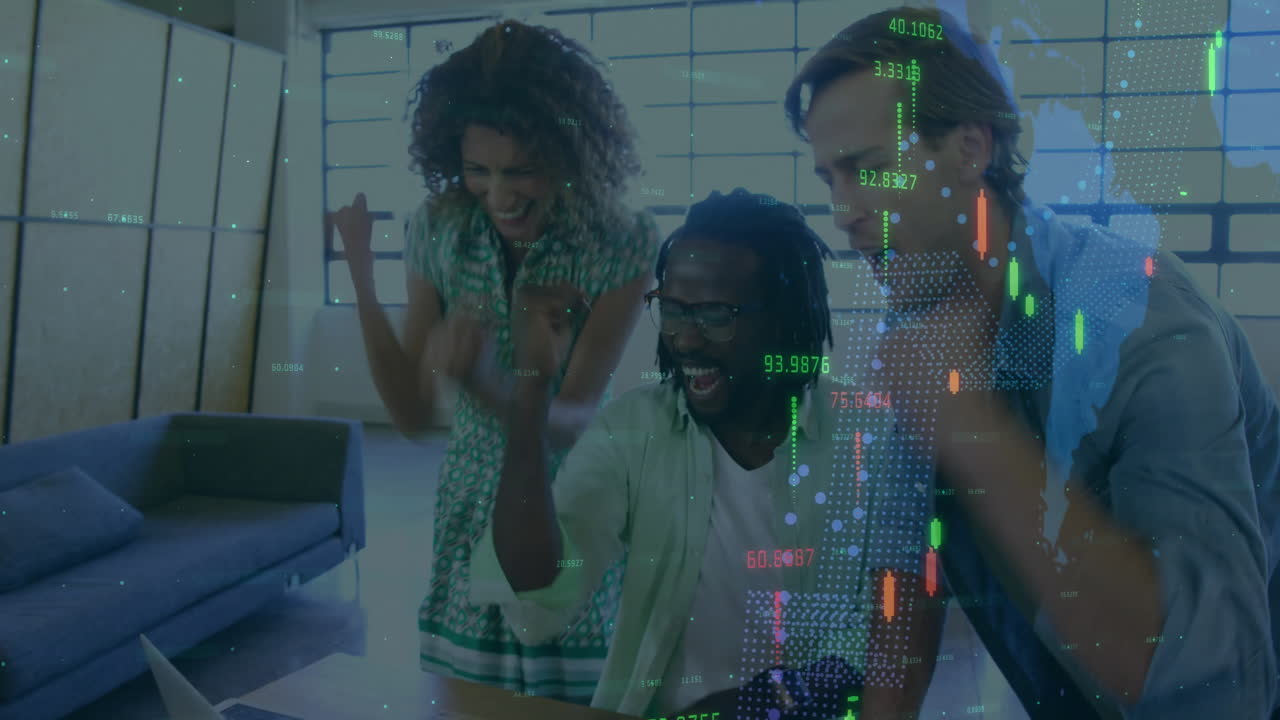 Animation of graphs with changing numbers, map over excited coworkers receiving good news on laptop