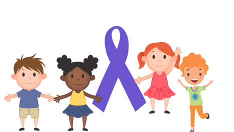 Animation of children icons over blue cancer ribbon