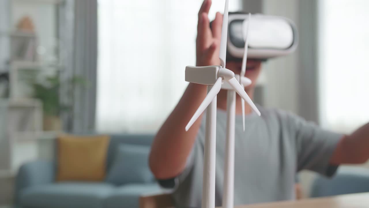 Child Experiencing Virtual Reality Wind Turbine Simulation