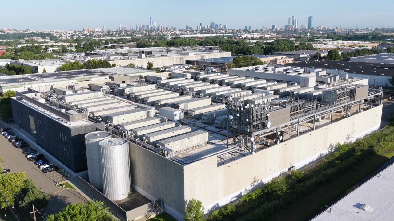 Gran edificio industrial con tanques de almacenamiento cilíndricos y maquinaria densa en la azotea, ubicado en Secaucus, Nueva Jersey. El horizonte de Manhattan se eleva más allá de los árboles verdes en la distancia. Toma aérea amplia con dron