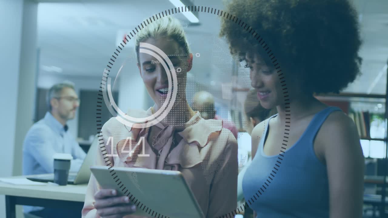 Animation of data processing and globe over diverse business people in office