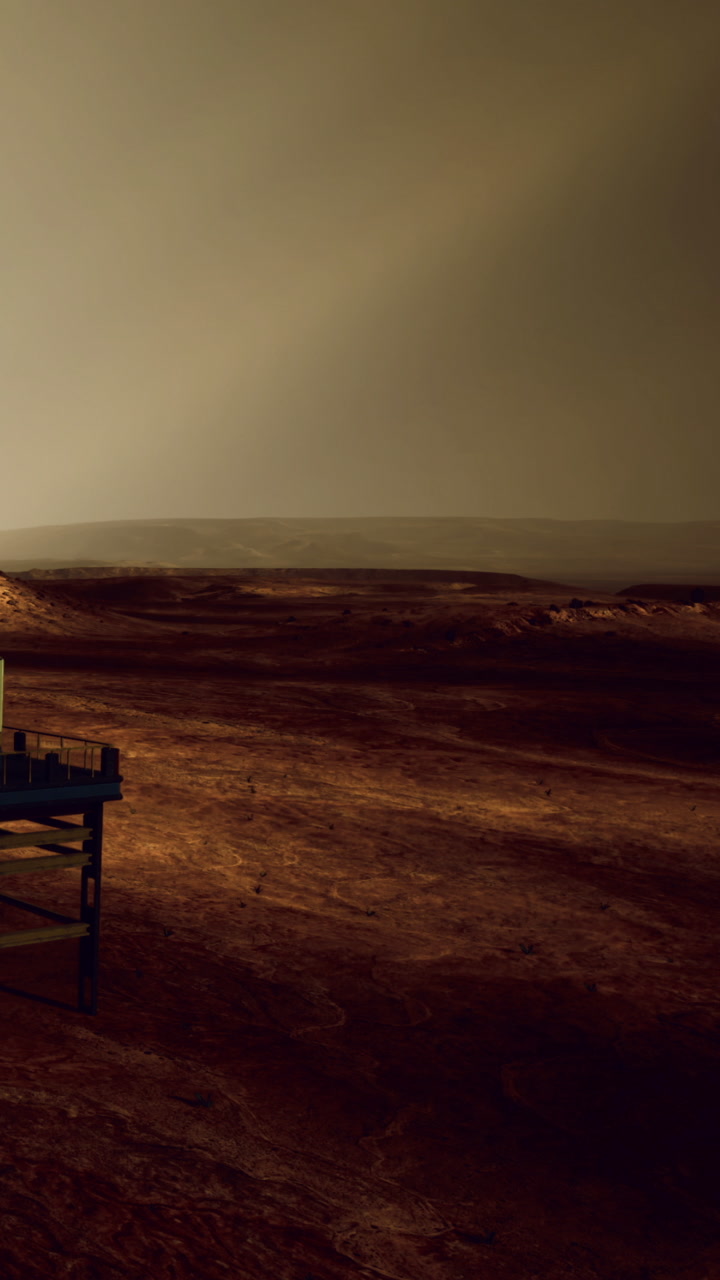 Mars landscape with rocky terrain and distant hills during sunset hours