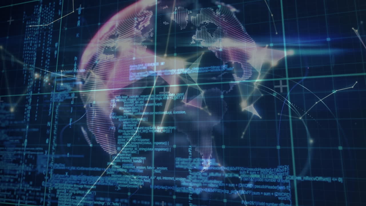 Animation of network of connections, globe and diverse data processing in digital space