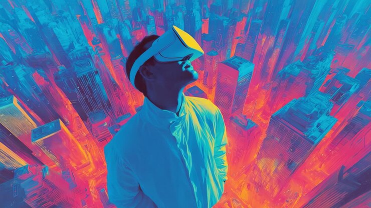 En futuristisk udforskning af virtual reality, hvor en person oplever medrivende teknologi, mens vedkommende overskuer et pulserende bybillede, der viser den dramatiske kontrast mellem den virkelige og den virtuelle verden.