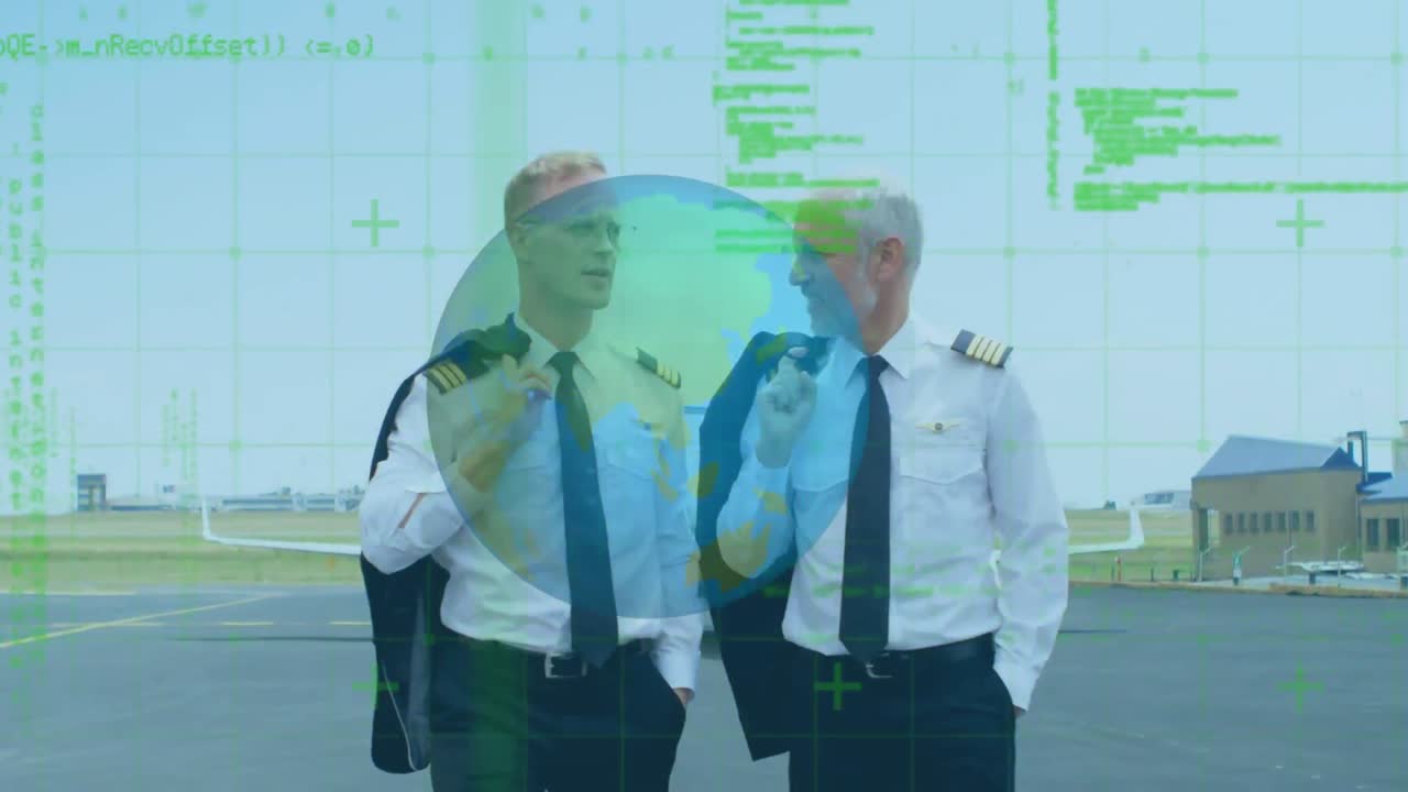 카우카스인 두 조종사가 공항 활주로에서  ⁇ 는 동안 이야기하는 동안 회전 지구와 데이터 처리