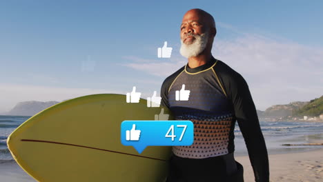 sosteniendo una tabla de surf en la playa, al hombre rodeado de redes sociales le gusta la animación