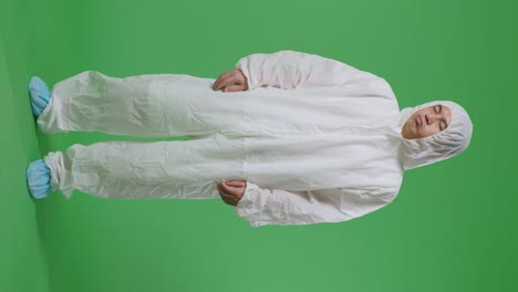 cuerpo lleno de científico masculino asiático que tiene dolor de cabeza mientras está de pie en el fondo de la pantalla verde