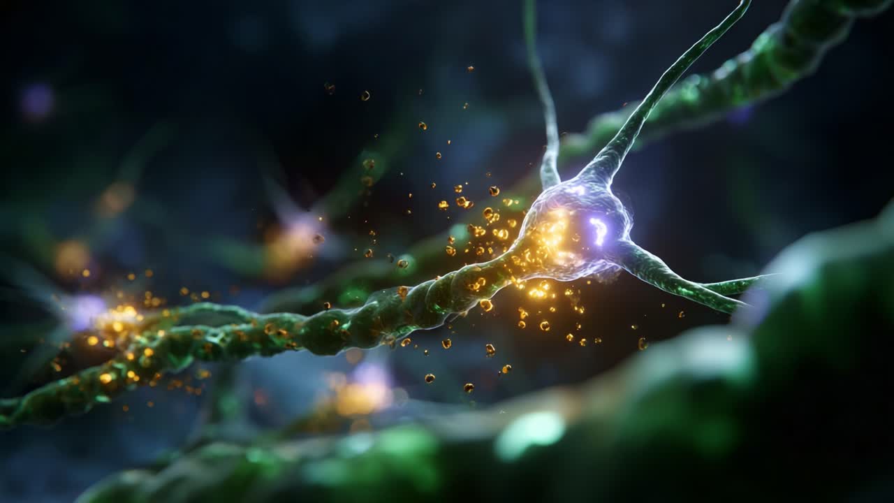 A Close-Up View of Neurons Interacting, Highlighting Synaptic Transmission with Glowing Particles in a Stunning Digital Render of Neural Activity