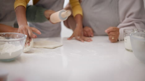 women, girl and hands with cookie dough at kitchen