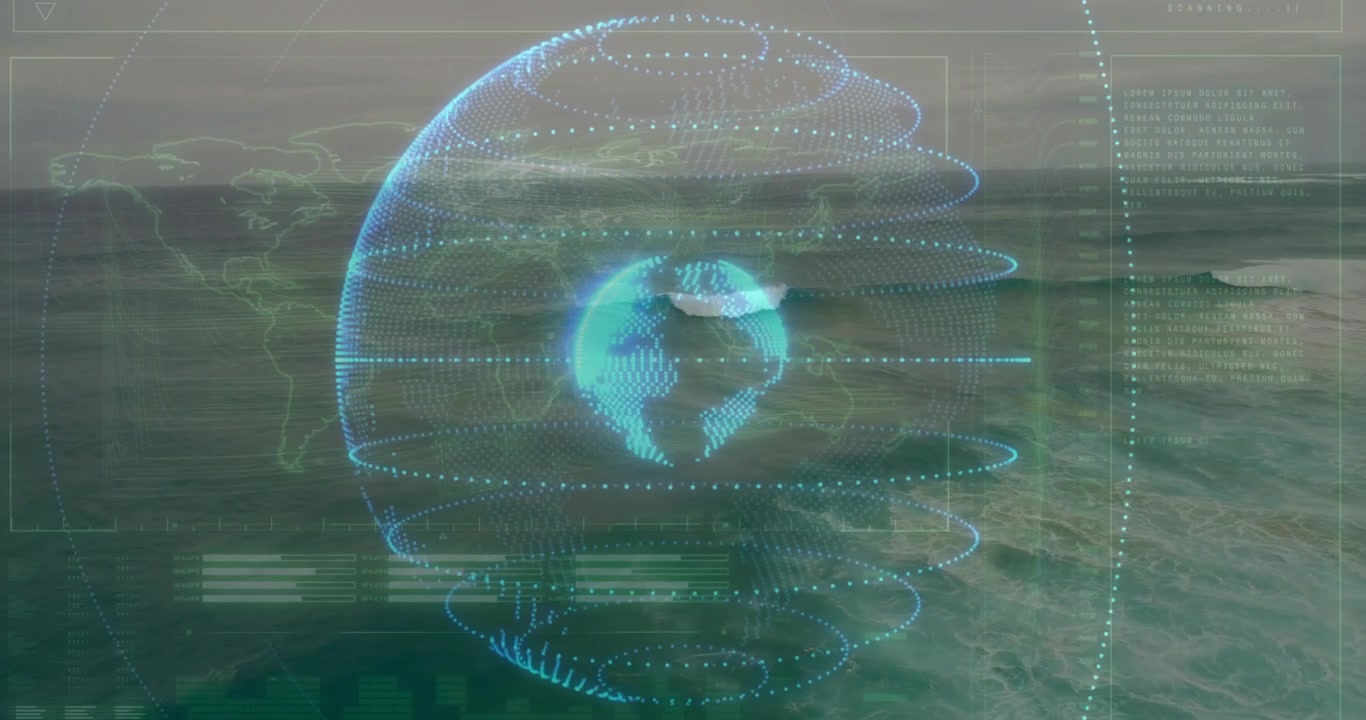 Pixelated ocean opening, sphere forming, rings stacking, rotating data globe showing digital UI
